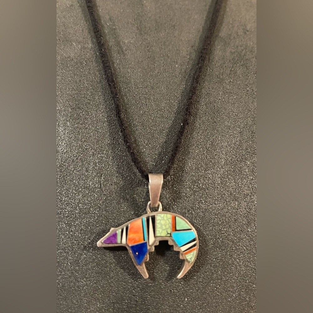 Vintage Native American Bear Pendant with Inlay Stone.  Sterling Silver